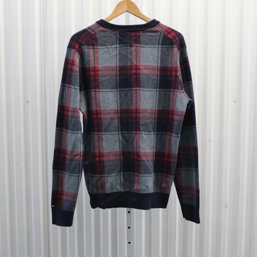 Tommy Hilfiger Plaid V-Neck Sweater Men's Large Gray Red Cotton Blend - Picture 2 of 8